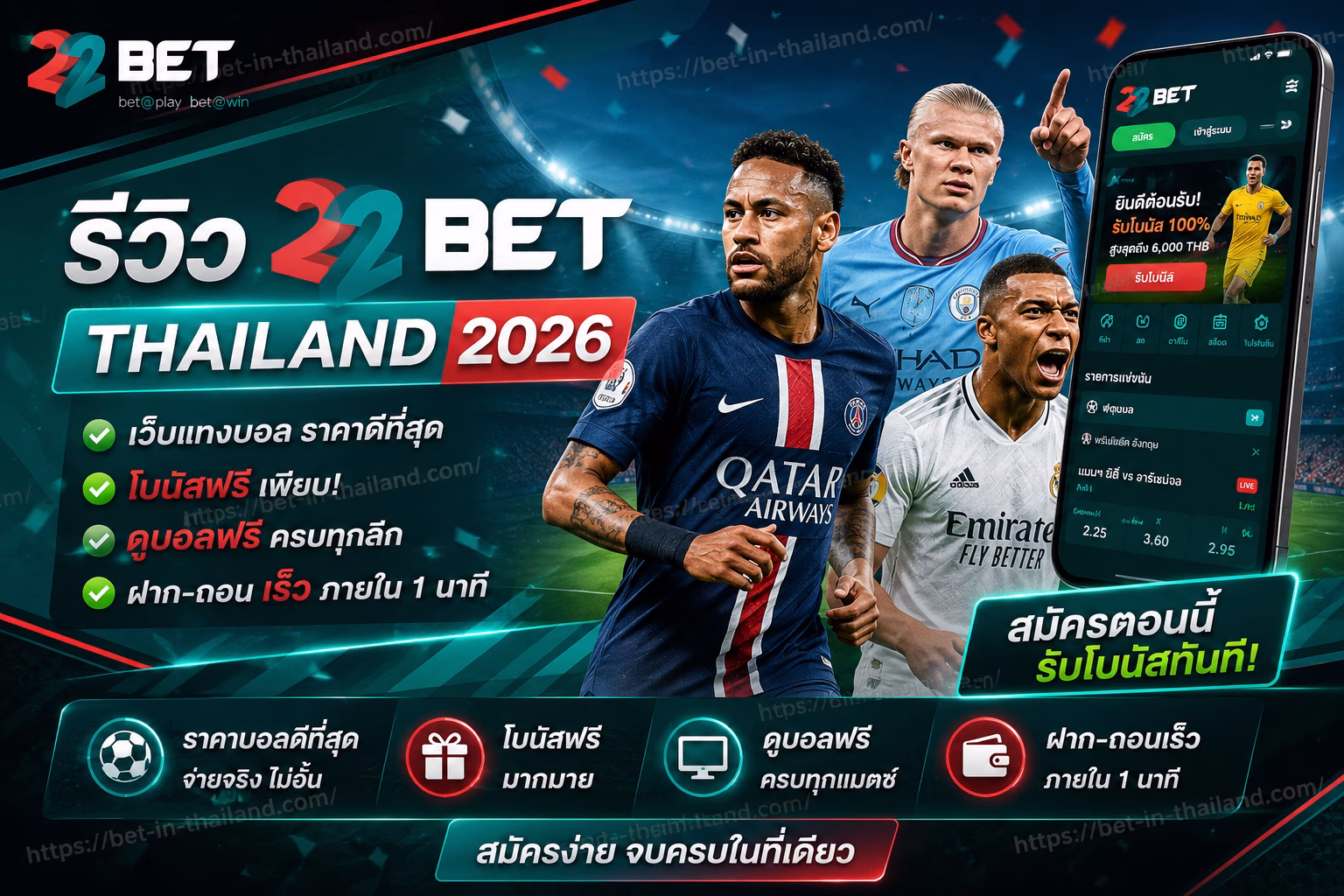 รีวิว 22Bet Thailand 2026 เว็บแทงบอล โบนัสฟรี ดูบอลฟรี ฝากถอนเร็ว