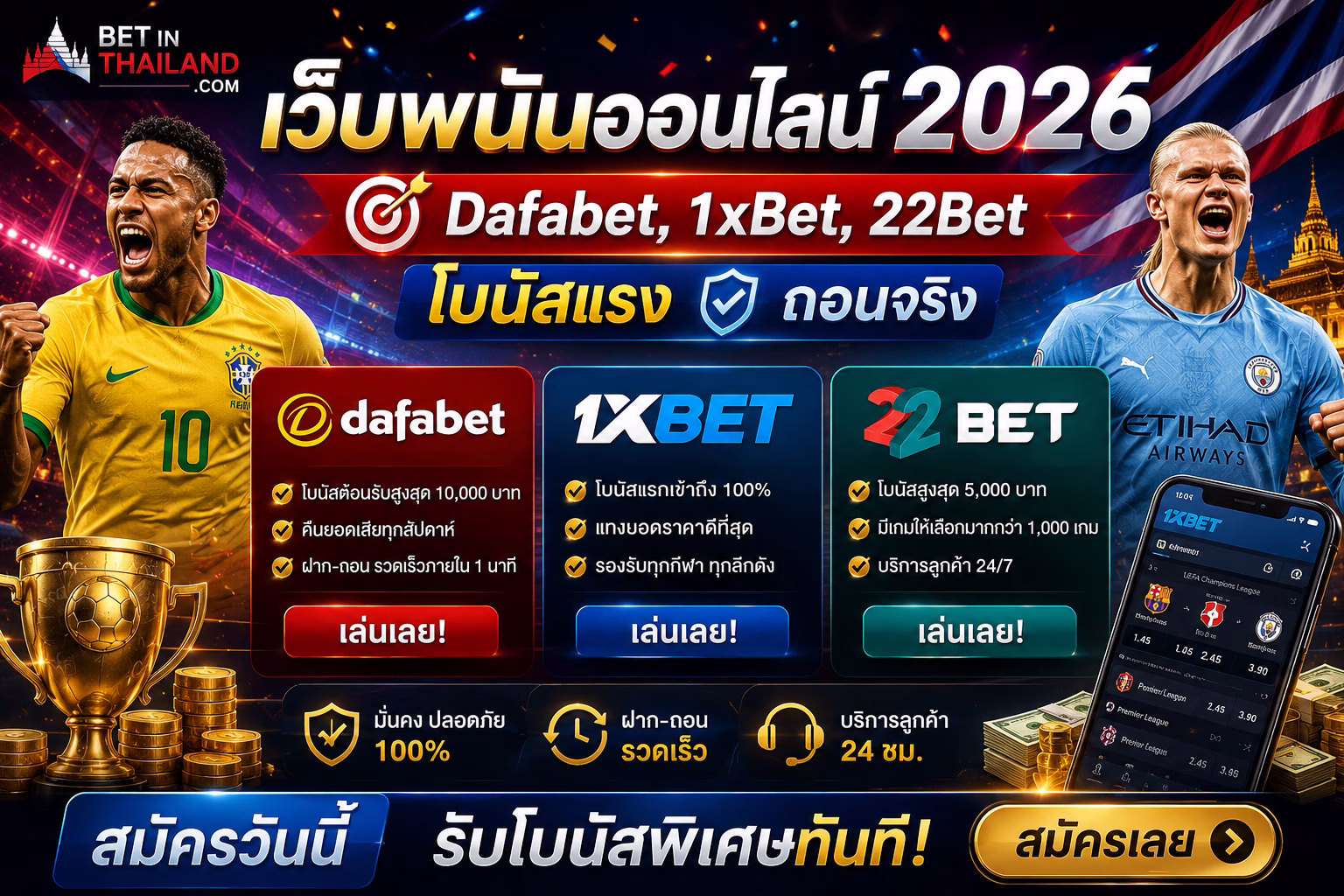 เว็บพนันออนไลน์ 2026 Dafabet, 1xBet, 22Bet โบนัสแรง ถอนจริง