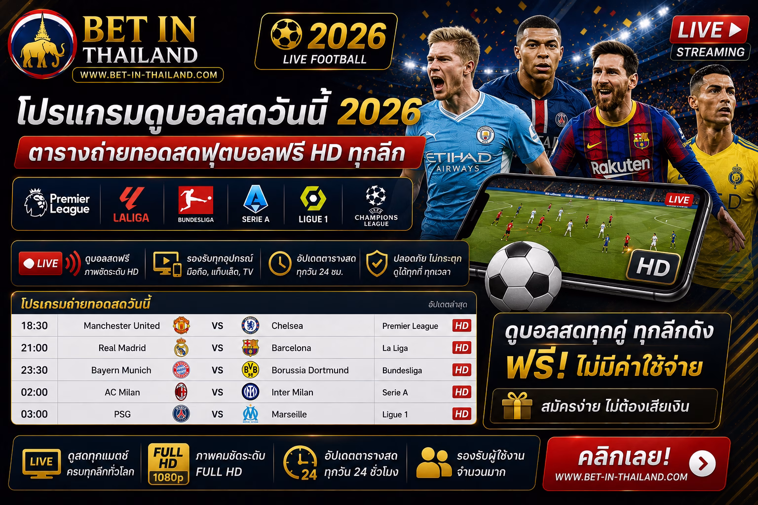 โปรแกรมดูบอลสดวันนี้ 2026 ตารางถ่ายทอดสดฟุตบอลฟรี HD ทุกลีก