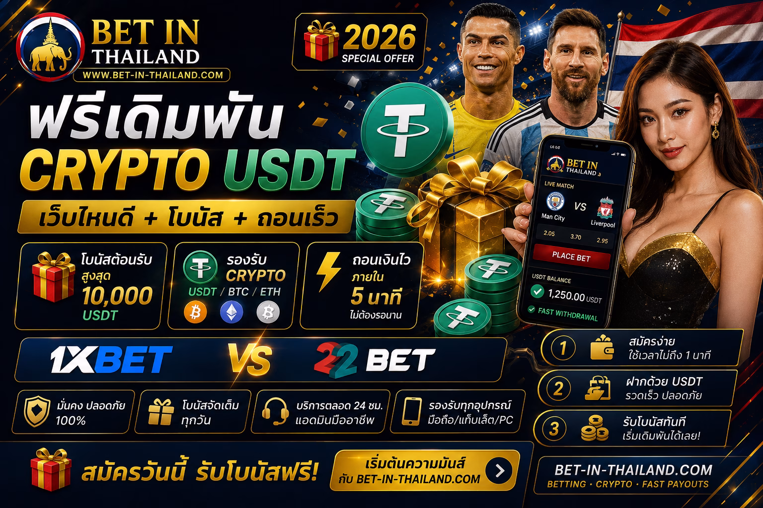 ฟรีเดิมพัน Crypto USDT 2026 เว็บไหนดี + โบนัส + ถอนเร็ว