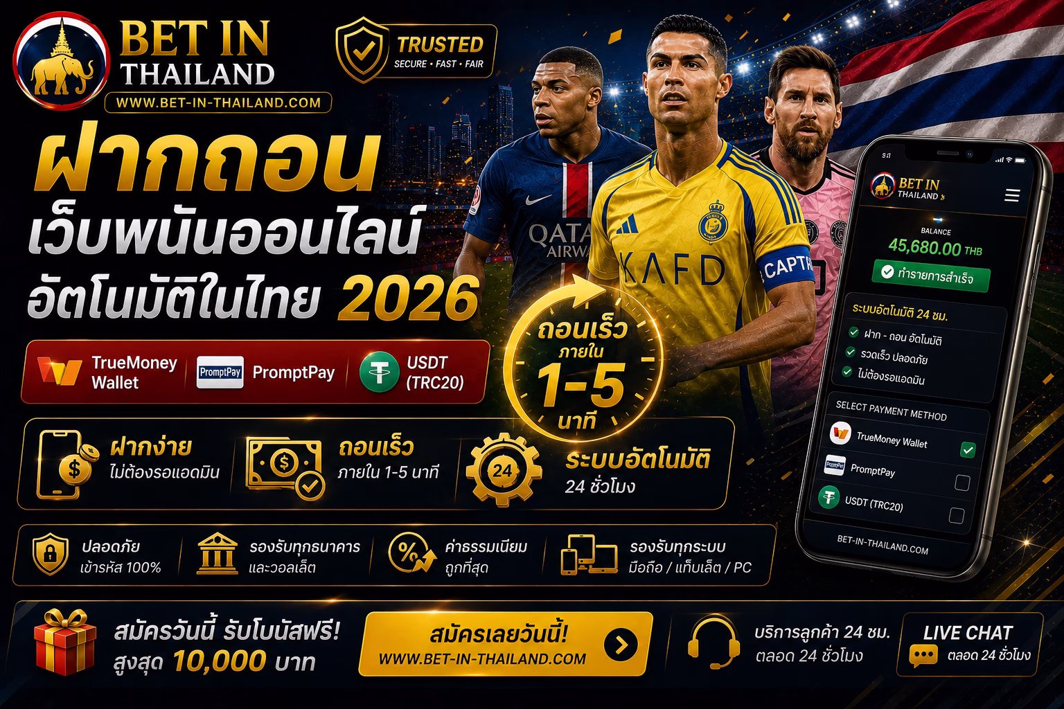ฝากถอนเว็บพนันออนไลน์อัตโนมัติในไทย 2026 ถอนเร็ว รองรับ TrueMoney Wallet, PromptPay และ USDT
