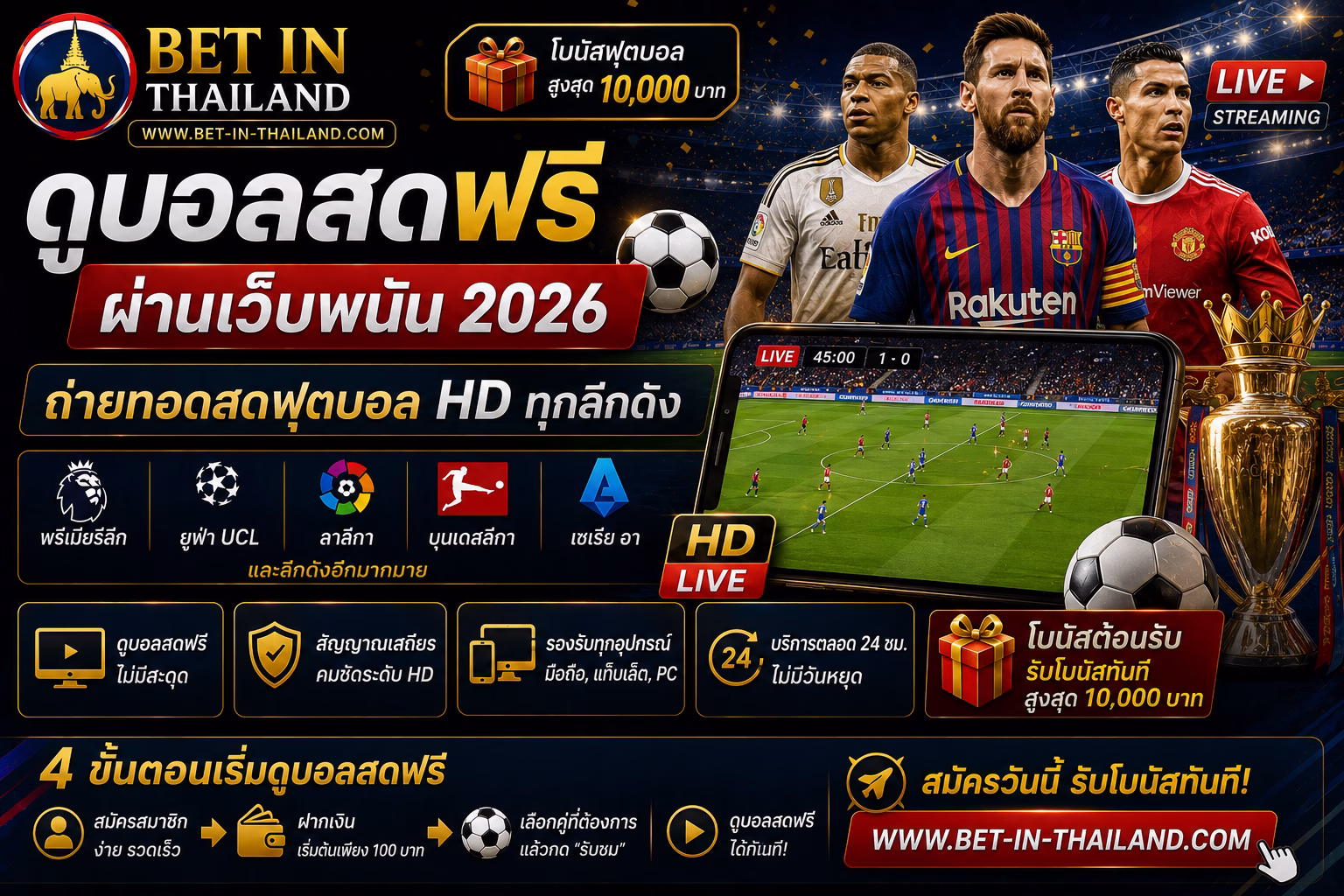 ดูบอลสดฟรีผ่านเว็บพนัน 2026 ถ่ายทอดสดฟุตบอล HD + โบนัสฟุตบอล