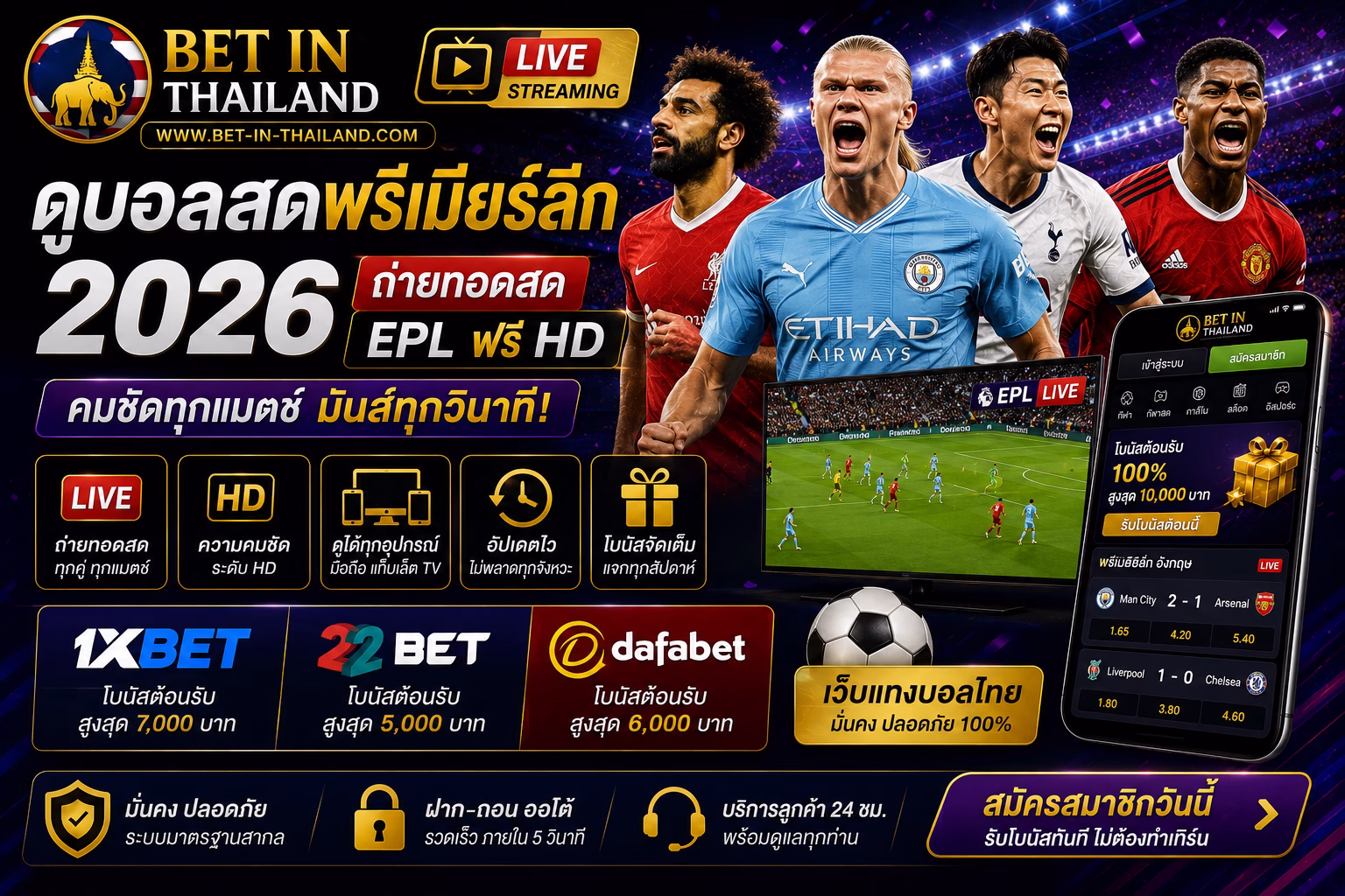 ดูบอลสดพรีเมียร์ลีก 2026 ถ่ายทอดสด EPL ฟรี HD + เว็บแทงบอลไทย