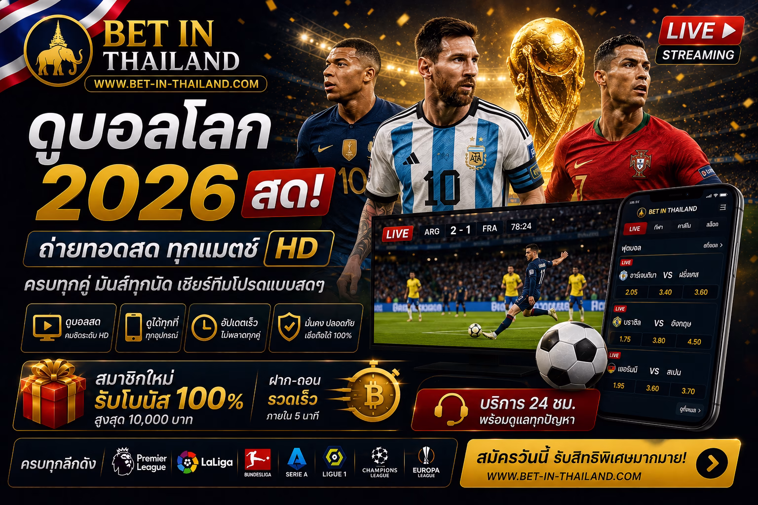 ดูบอลโลก 2026 สด ⚽ ถ่ายทอดสดฟุตบอลฟรี HD + โบนัสเว็บแทงบอลไทย